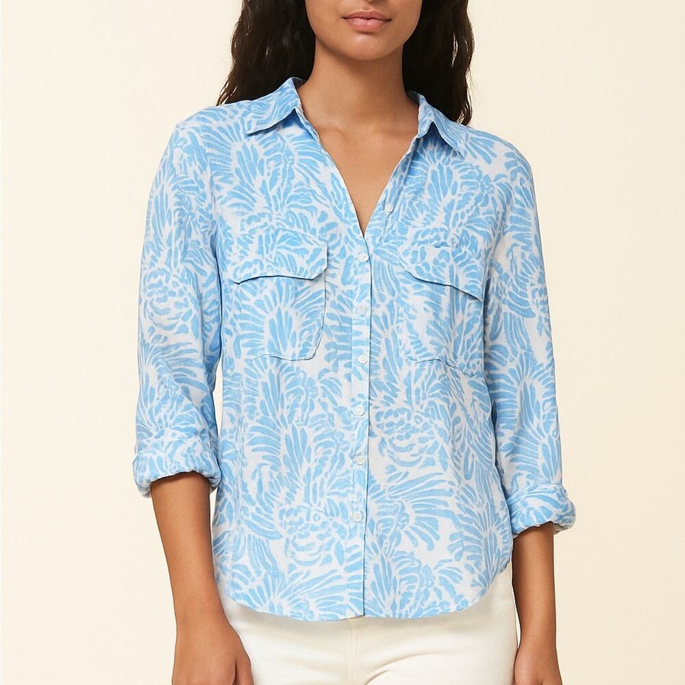 Roller Rabbit 100% Linen Guy Shirt in Blue/White Leaf Print Size Small Coastal